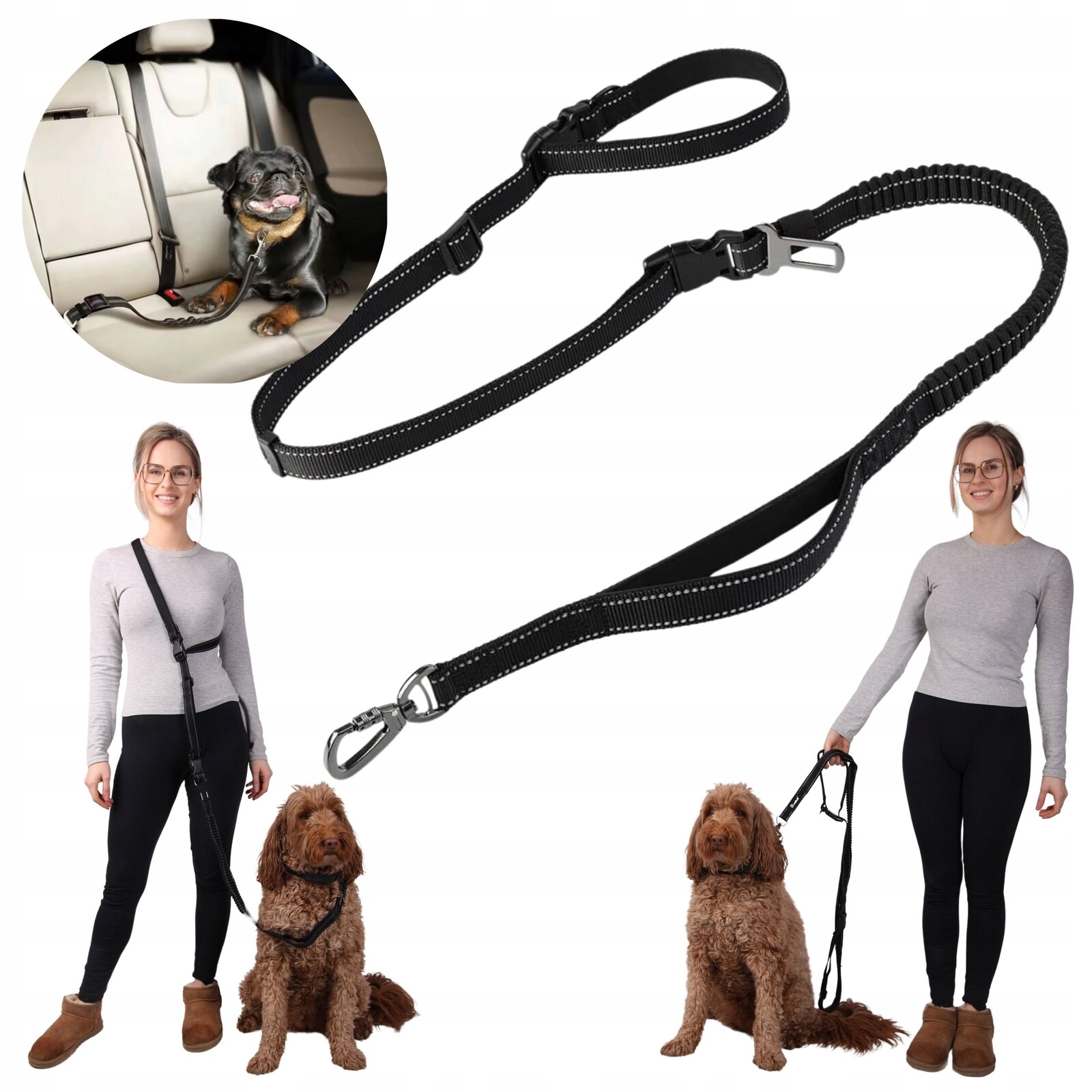 Vodítko pro psa s přepínacím pásem 6v1 pro běhání do auta, nastavitelná, tréninková