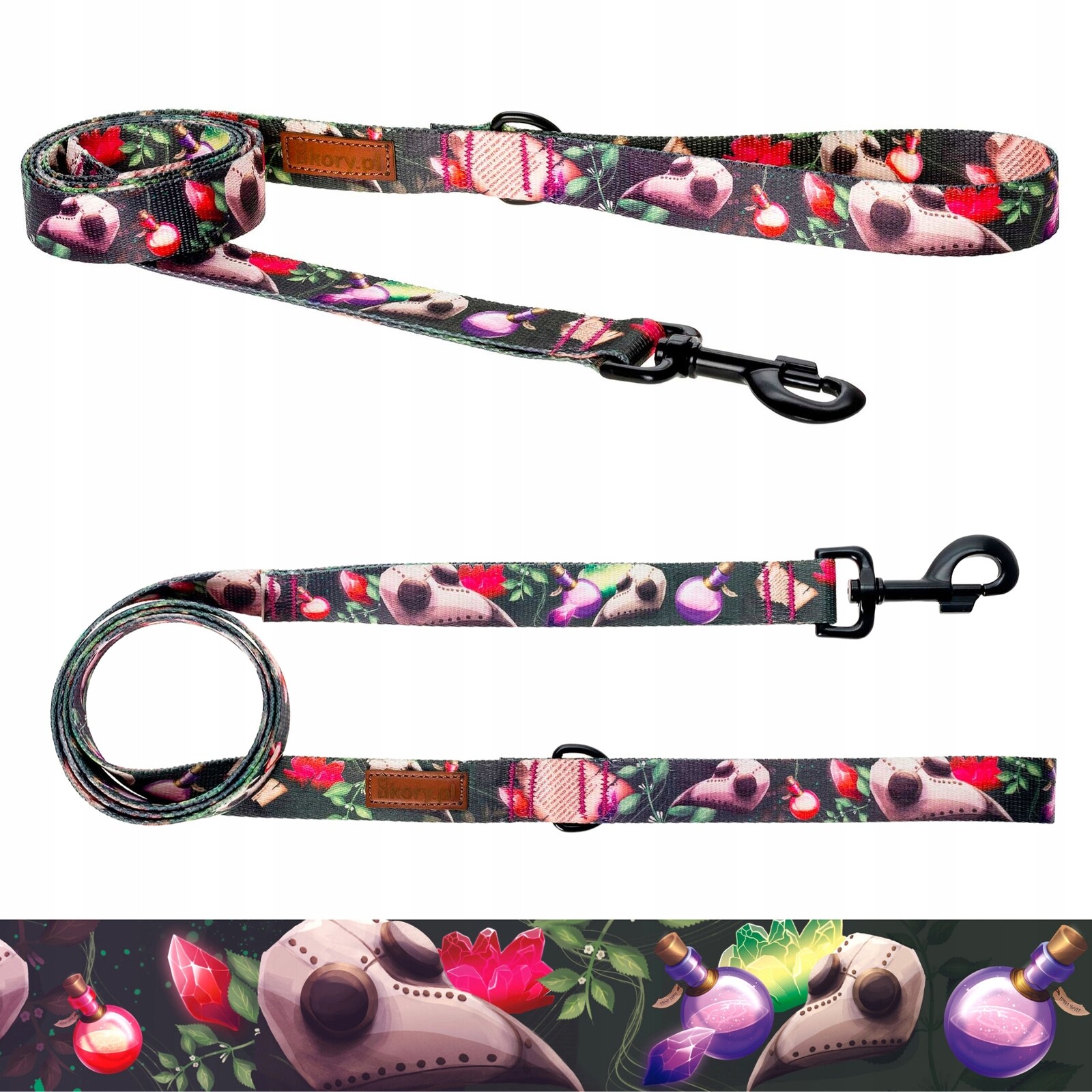 Jednoduché vodítko pro velkého psa od 20 kg 150 cm Ukory Skulls vzor