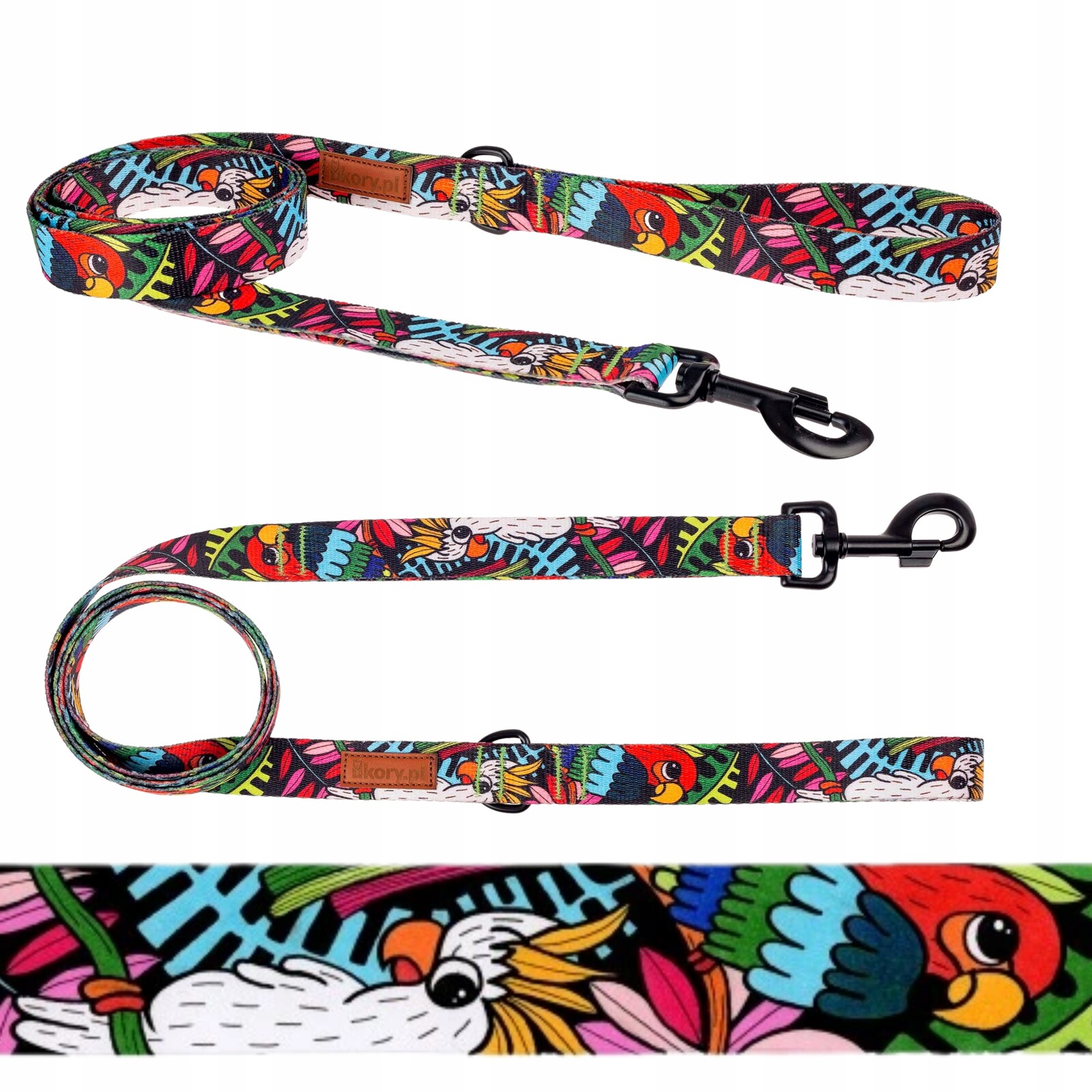 Vodítko klasická na procházky Velký Pes páska 150 cm Ukory barevná S Papoušky