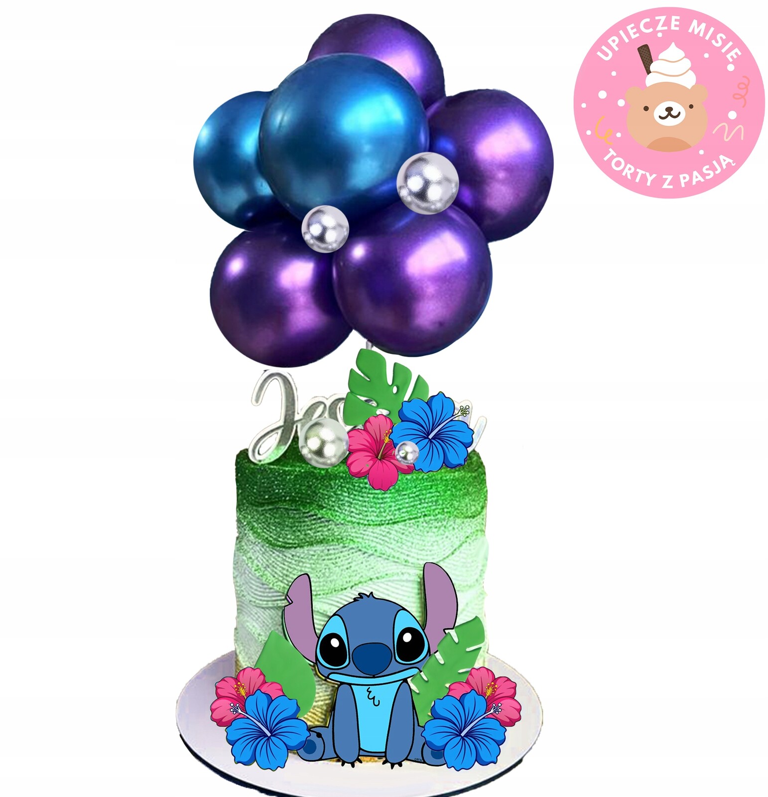 Hotové ozdoby, cukrové dekorace na dort Lilo a Stitch, sada zápich, balónky