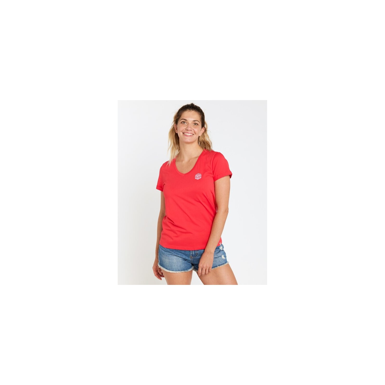 triko RIP CURL - Re-Entry V Neck Tee Hibiscus Red (619)