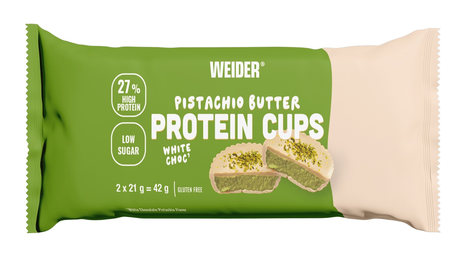 Weider Protein Cups 2 x 21 g, proteinové koláčky s pistáciovým máslem, Pistachio Butter