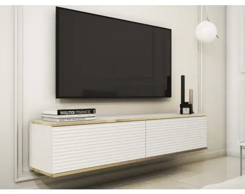 Závěsná TV skříňka Orfeo, 135 cm, bílá struktura/zlatá