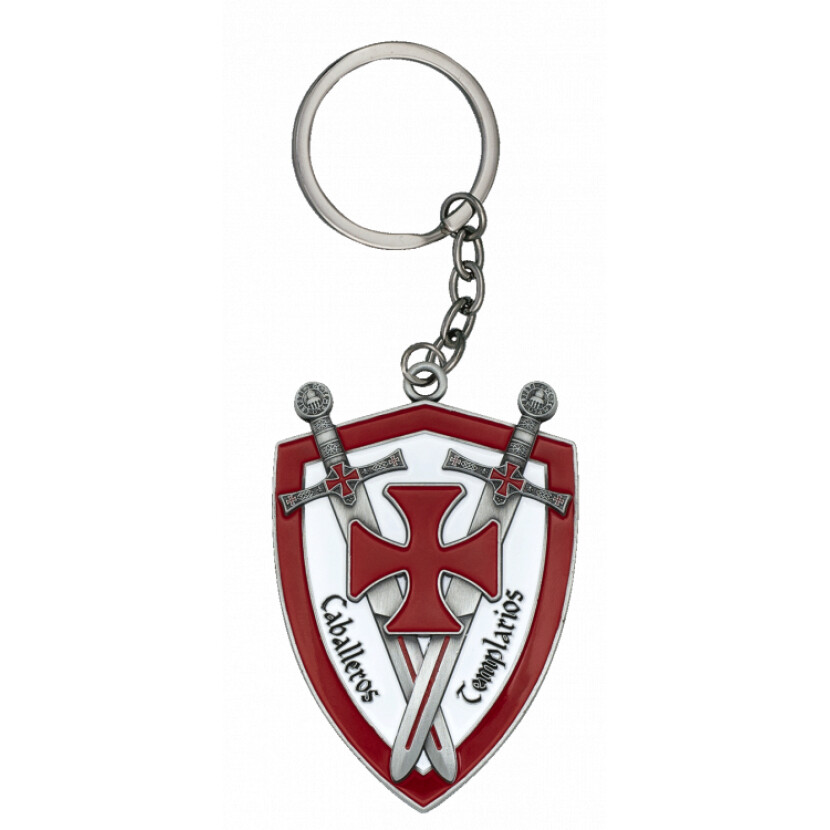 Klíčenka s templářským motivem Štít a zkřížené meče - stříbrná-barevná
