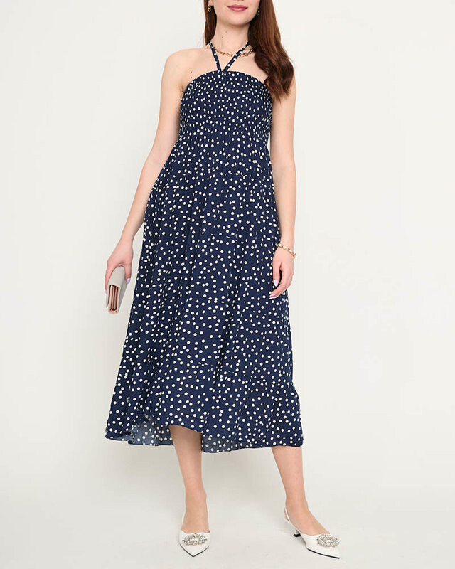 Resti Navy blue ladies midi dress with polka dots - Clothing