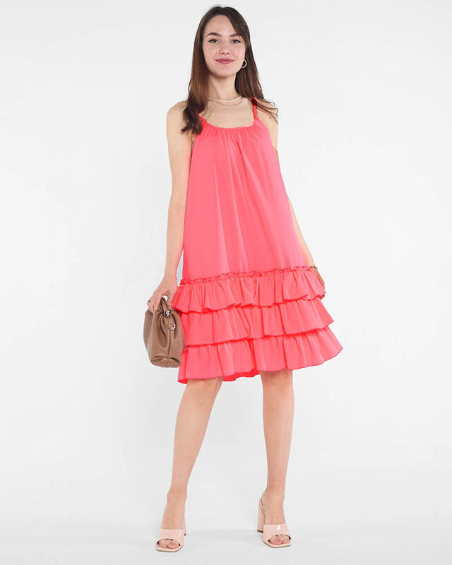 Resti Pink neon women's dress on straps with frills - Clothing