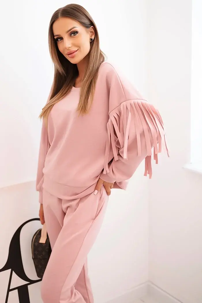 Kesi Włoski Komplet dámský máslový s třásněmi na rukávech tmavě pudrově růžový