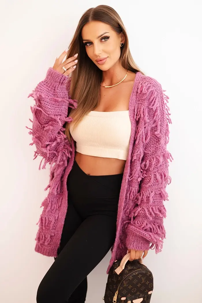 Kesi Włoski Dámský kardigan s třásněmi a volným střihem fialový