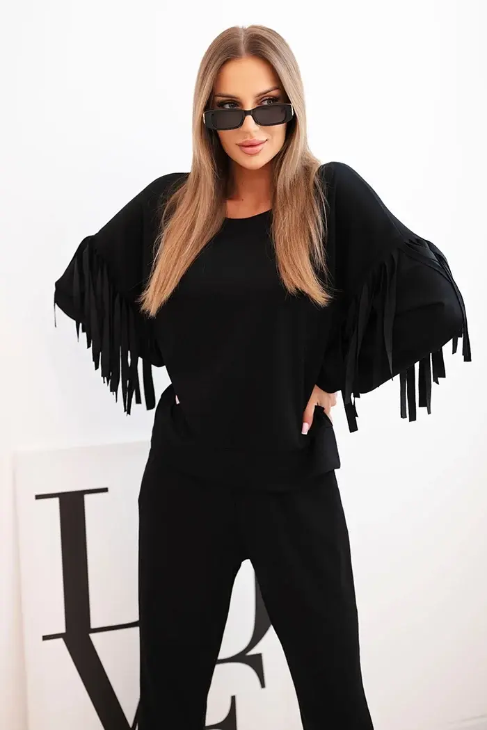 Kesi Włoski Dámský komplet máslový s třásněmi na rukávech černý