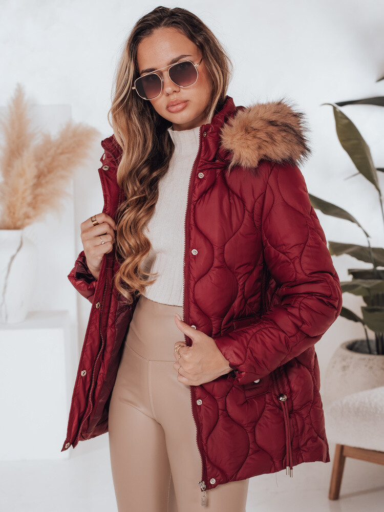 Kurtka damska zimowa LUMORE pikowana z kapturem bordowa Dstreet