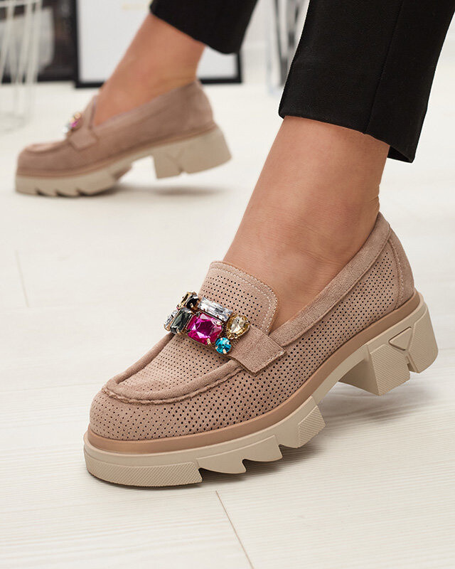 Resti Light brown openwork women's moccasins with ornament Bokkso- Footwear