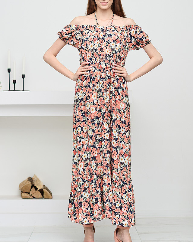 Resti Long navy blue women's dress with coral flowers - Clothing