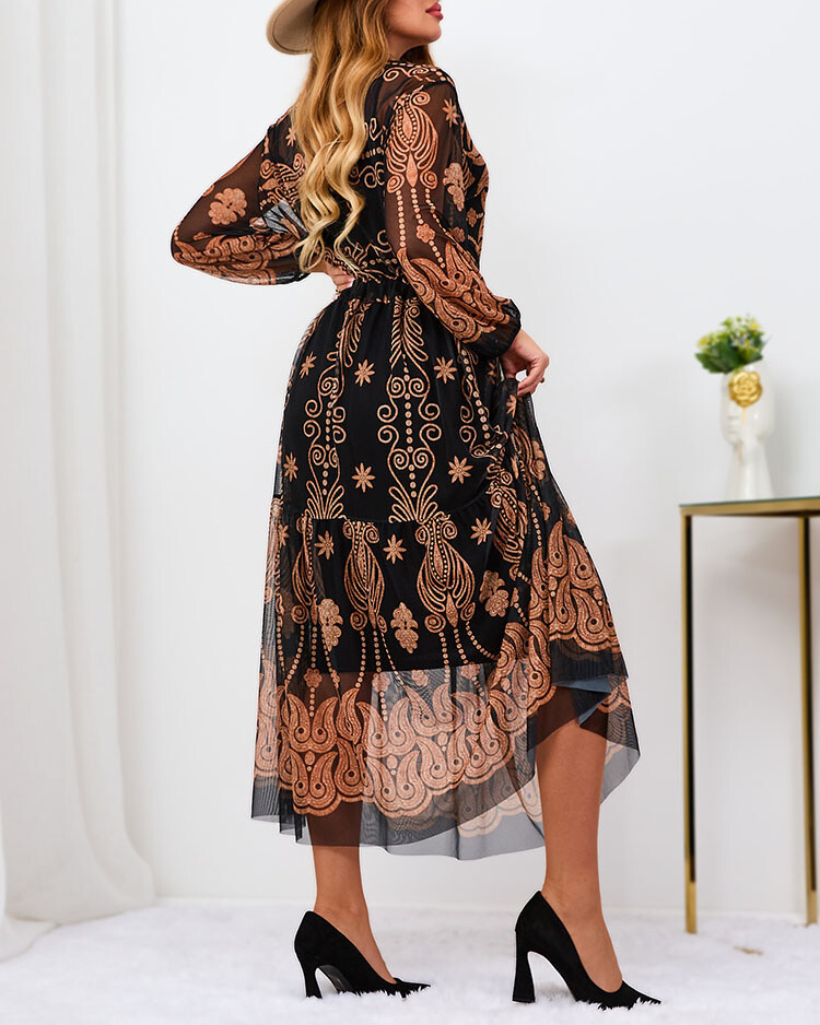 Resti Black and brown mesh floral maxi dress