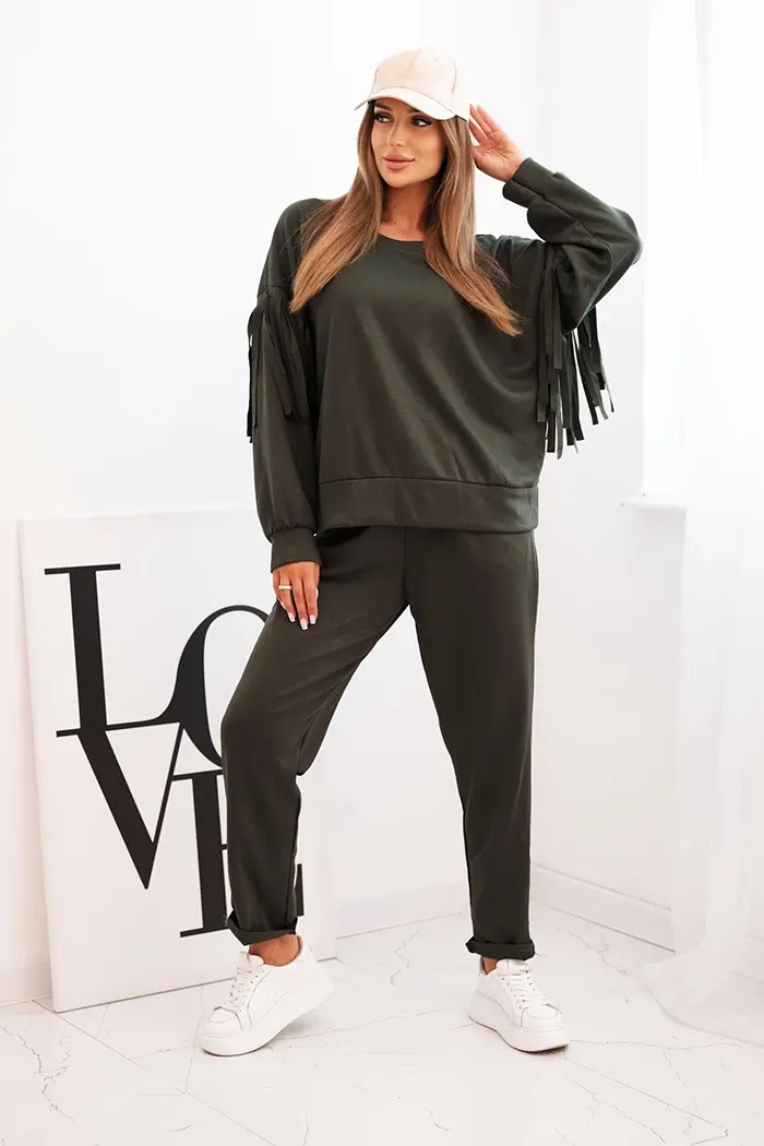 Kesi Włoski Dámský komplet máslový s třásněmi na rukávech khaki