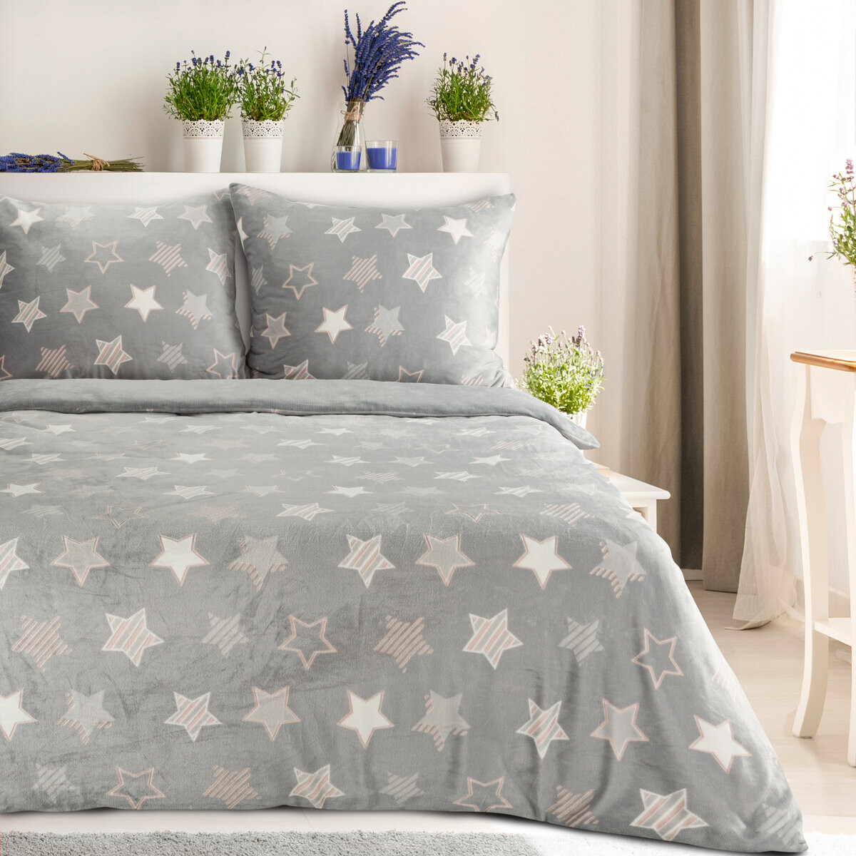 Flanelové povlečení STARS šedá 1x 220x200 cm, 2x povlak 70x80 cm MyBestHome