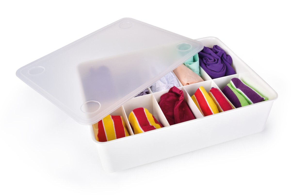 PRAKTIK | plastový organizér s transparentním víkem | 10 přihrádek