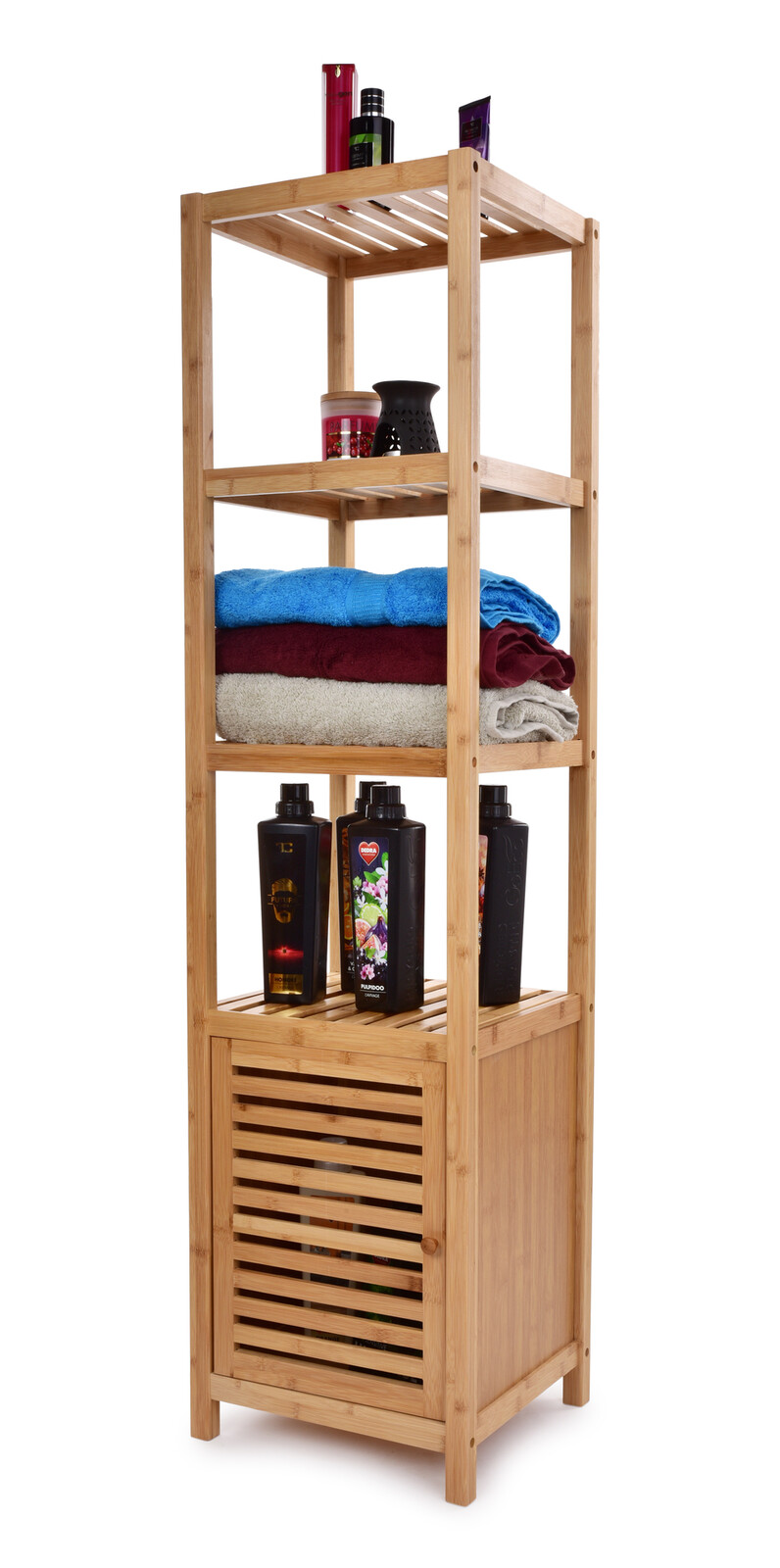 GoEco® | Bambusový regál se 3 policemi a skříňkou se dvířky | 140 cm