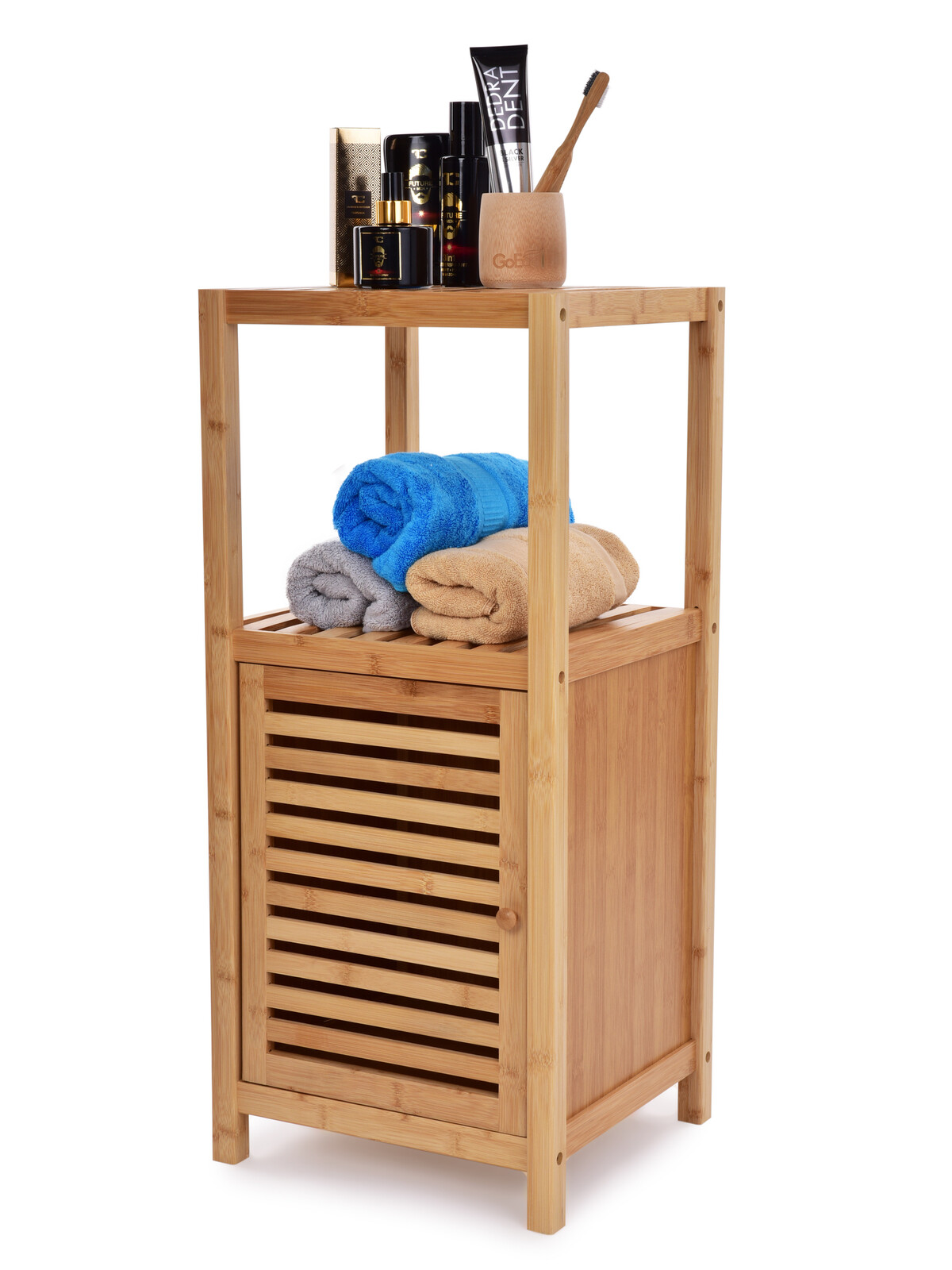 GoEco® | Bambusový regál s 1 policí a dvířky | 80 cm