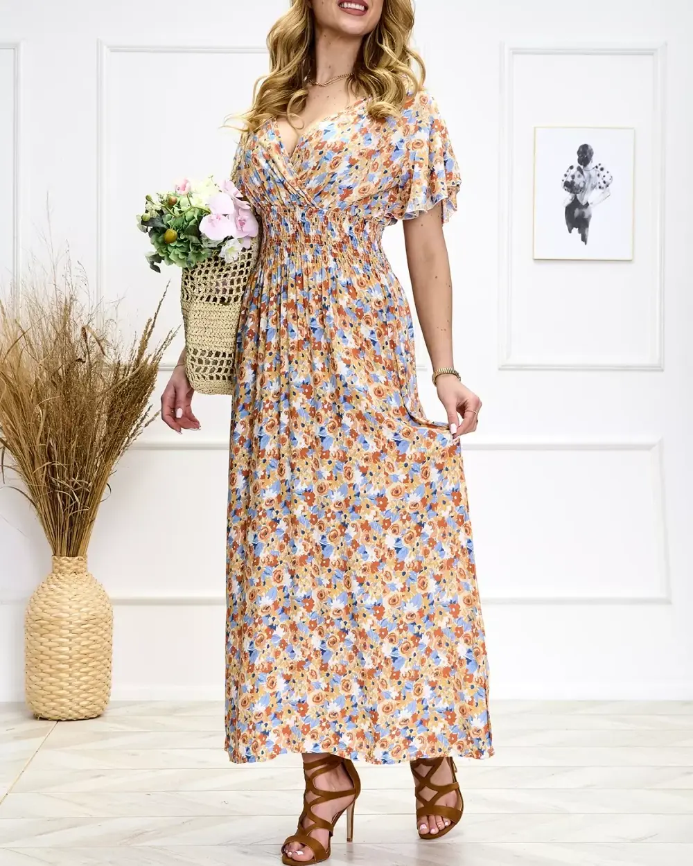 Resti Orange and blue women's floral midi dress - Shoes