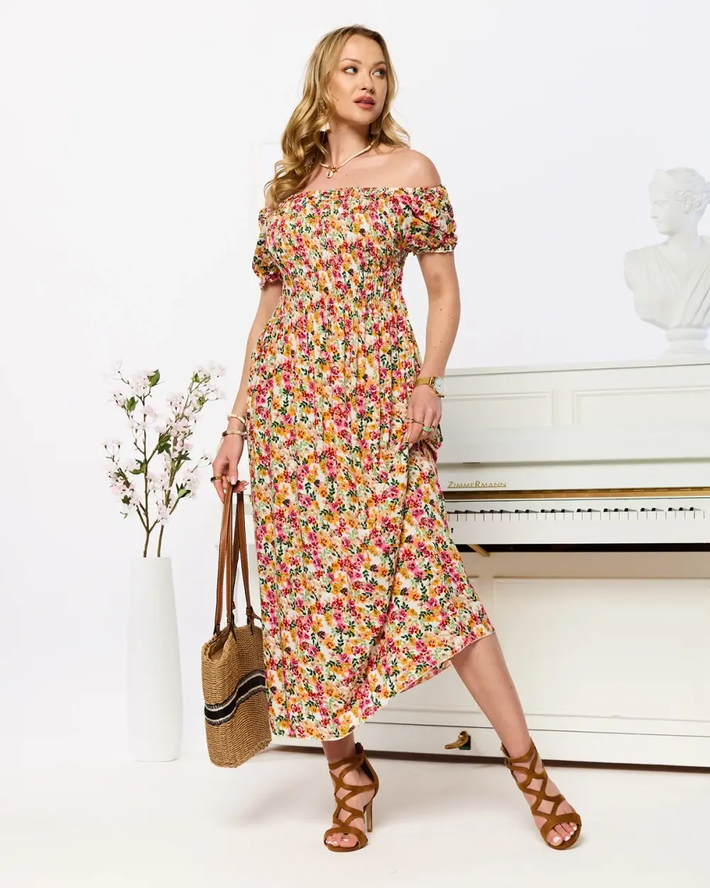 Resti White women's midi dress with floral pattern- Clothing