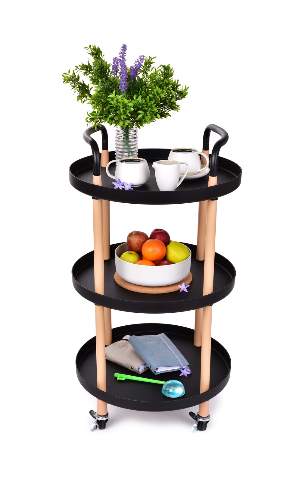 TROLLEY | pojízdný vozík 3patrový | multifunkční kulatý regál na kolečkách | výška 86 cm | černý