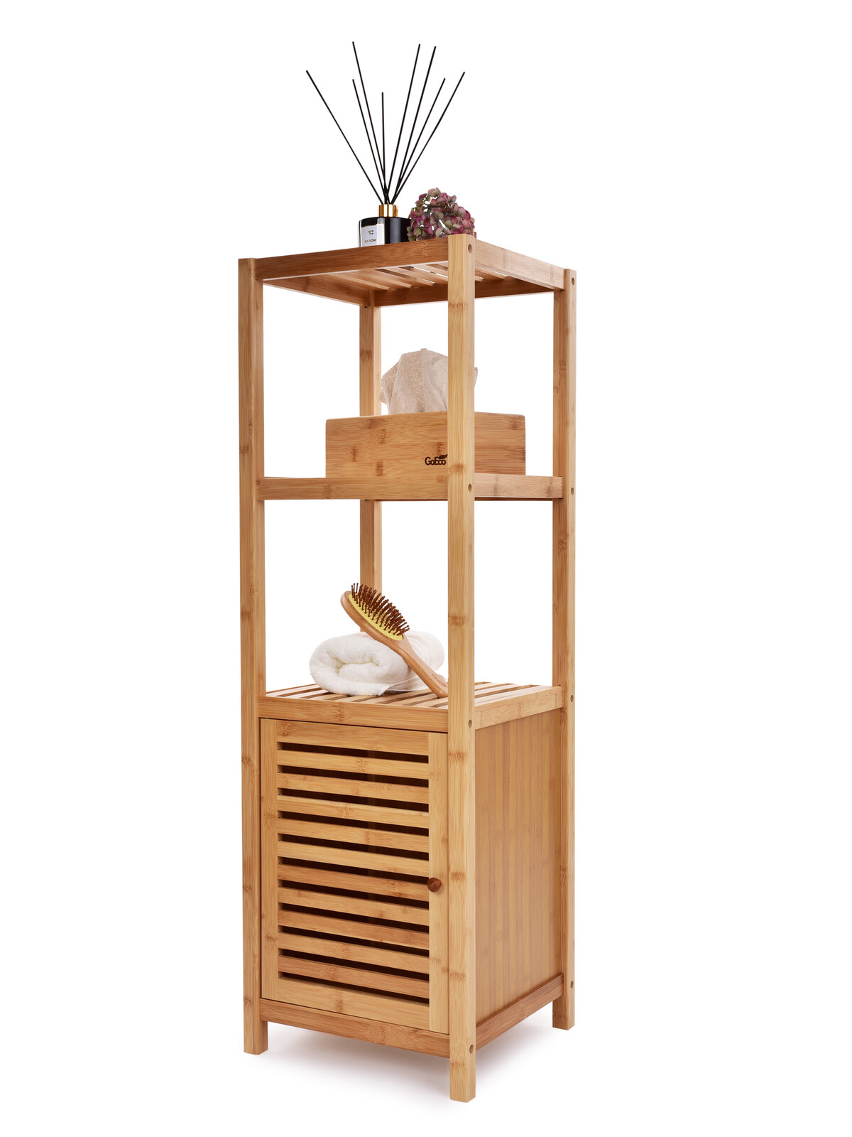 GoEco® | Bambusový regál se 2 policemi a skříňkou se dvířky | 110 cm