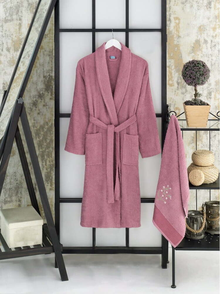 Tmavě růžový bavlněný župan a ručník v sadě velikost S/M – Mila Home