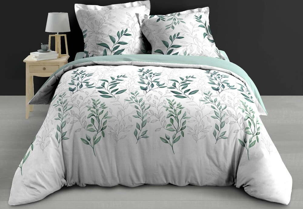 Bílé/zelené povlečení na dvoulůžko/prodloužené z bavlněného perkálu 240x220 cm Wendy – douceur d'intérieur