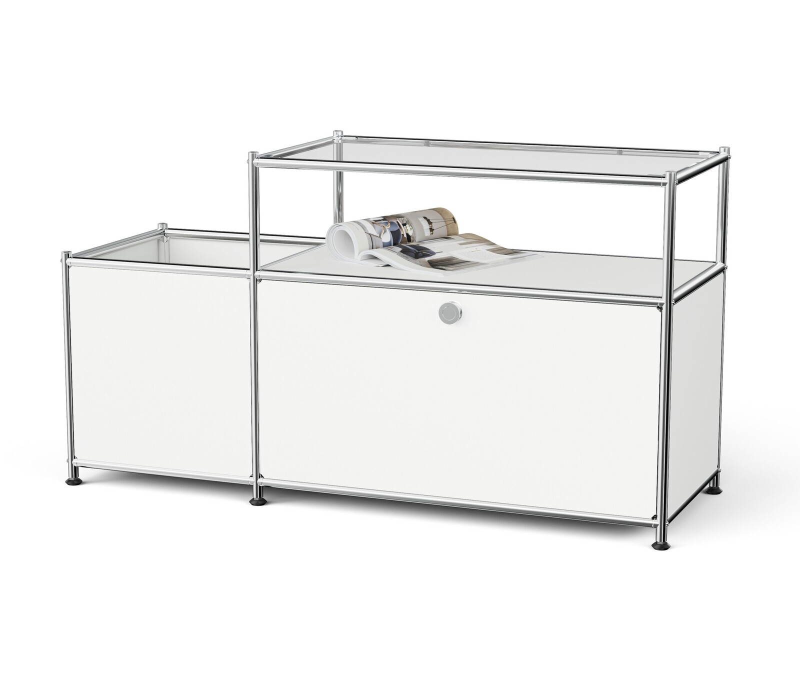 Tchibo - Nízká kovová skříňka »Cn3« s výklopnými dvířky a skleněnou deskou - barva: bílá
