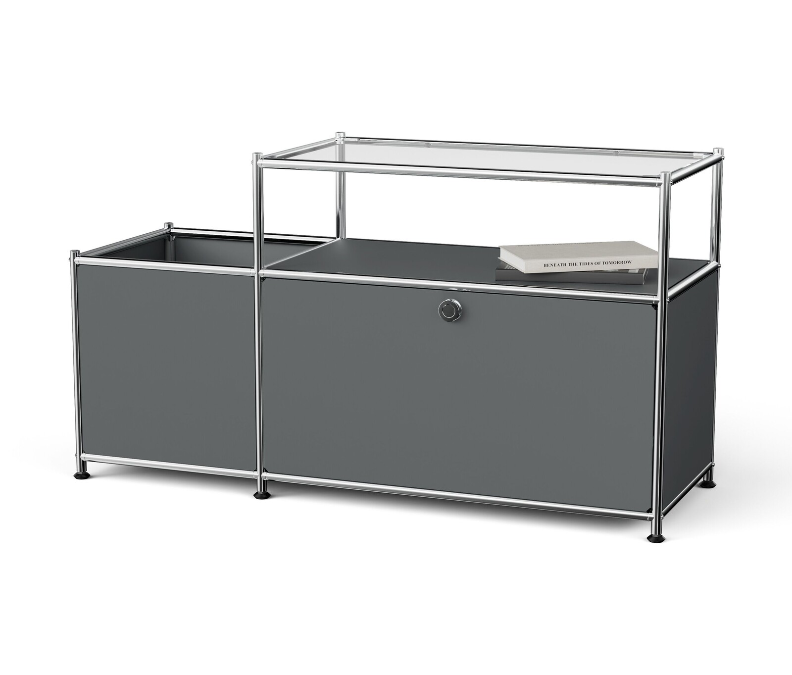 Tchibo - Nízká kovová skříňka »Cn3« s výklopnými dvířky a skleněnou deskou - barva: šedá