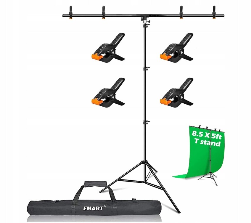 Stativ Emart 2,6 m × 1,5 m s držákem na pozadí ve tvaru písmene T