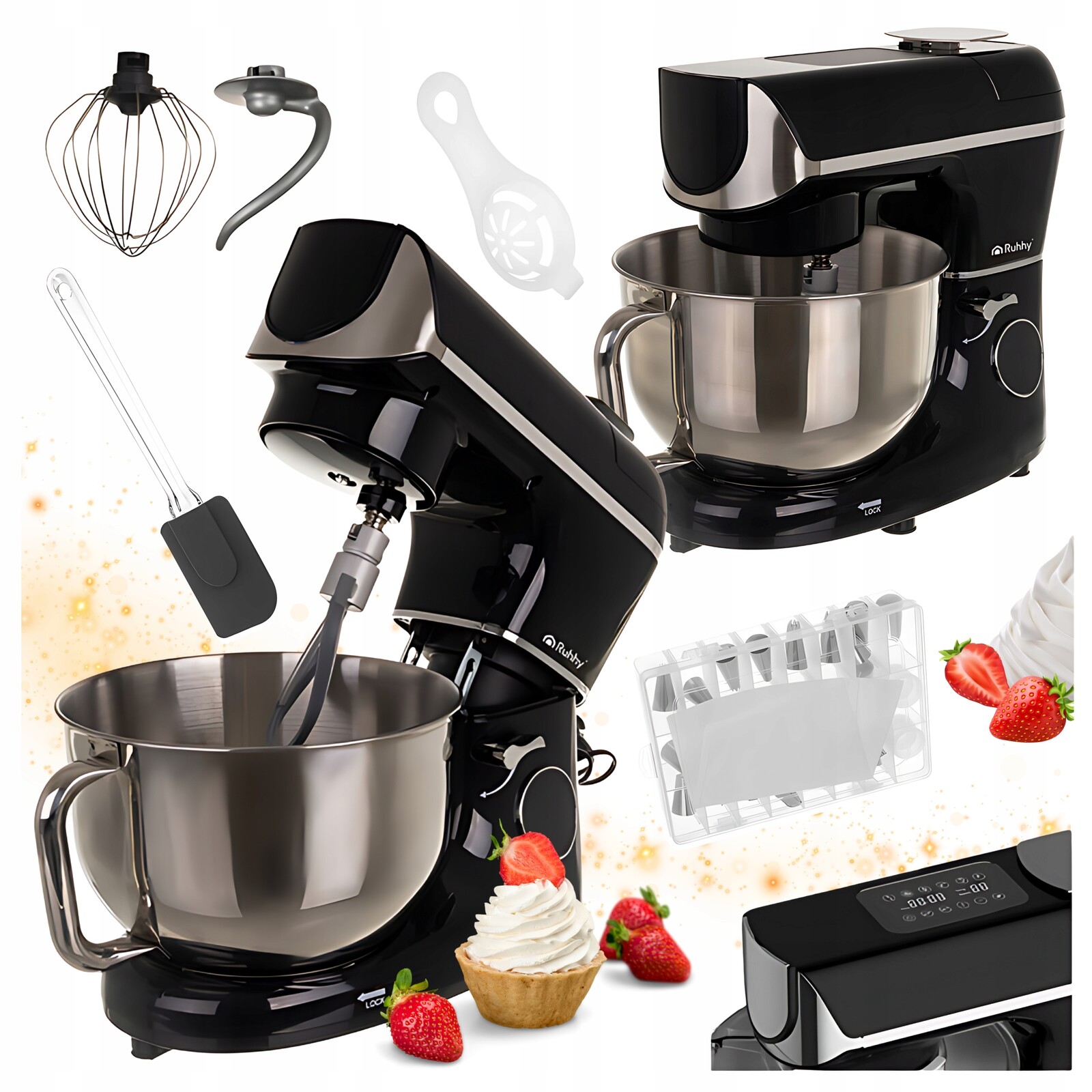 Kuchyňský planetární robot, silný, černý, vyhřívaná mísa, 5.5 l, váha, časovač