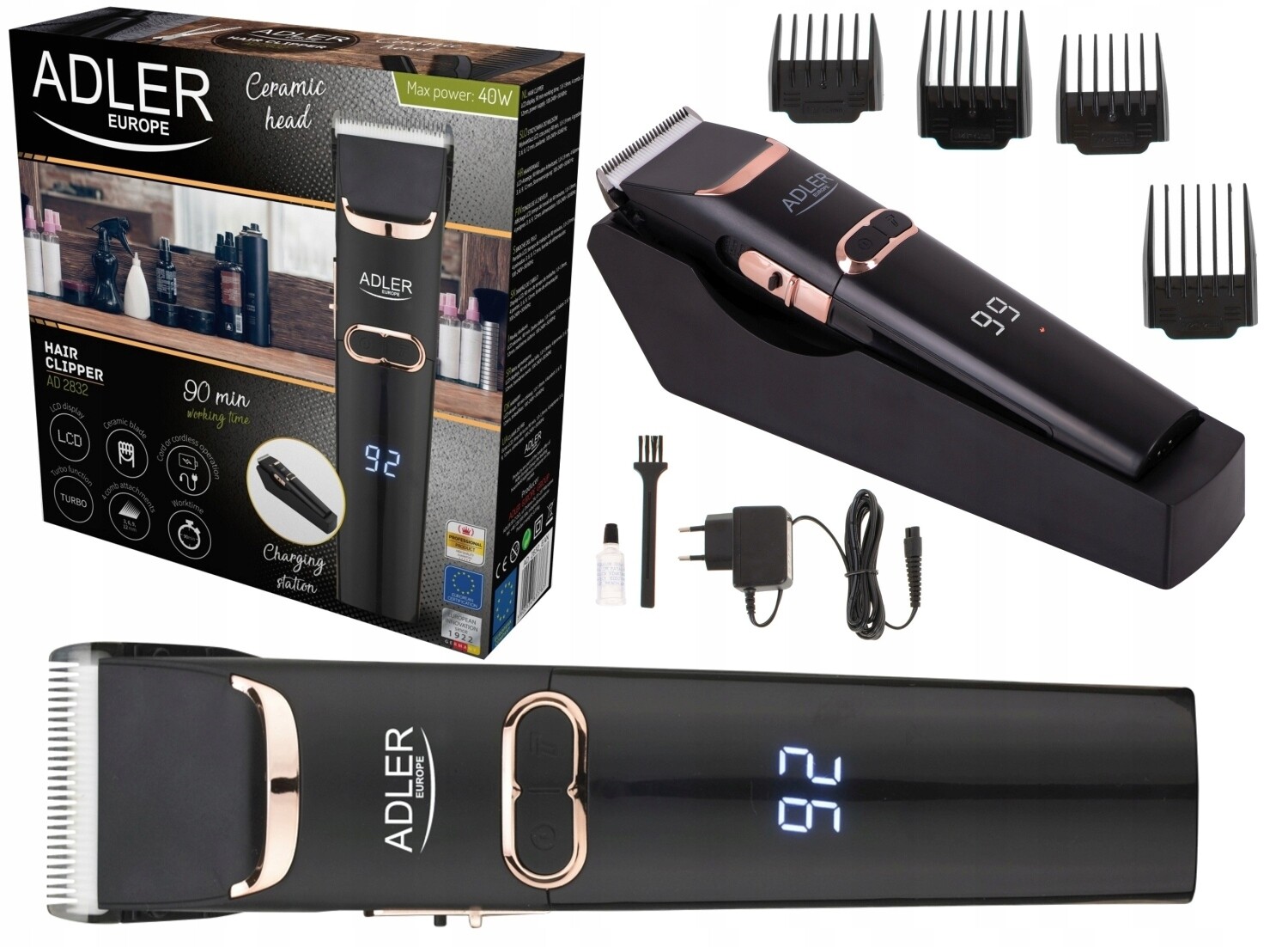 Pánský zastřihovač vlasů s keramickými čepelemi, 4 nástavce LCD Turbo