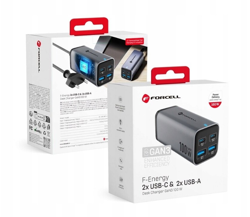 Stolní nabíječka Forcell F-Energy GaN3 100W 2x Usb-c 2x Usb-a QC4.0 šedá
