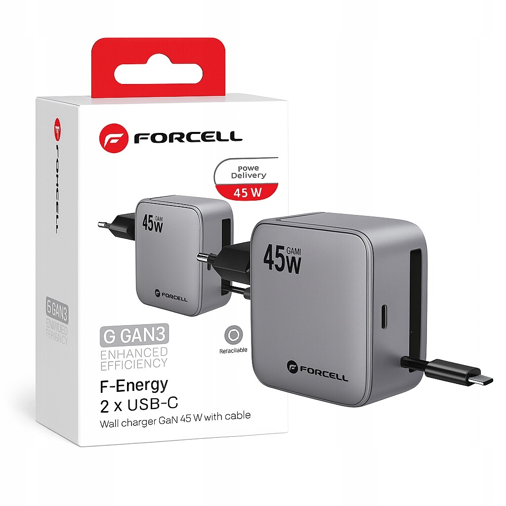 Síťová nabíječka s navíjecím kabelem 65 cm Forcell 45W GaN3, Usb-c, Qc 4.0