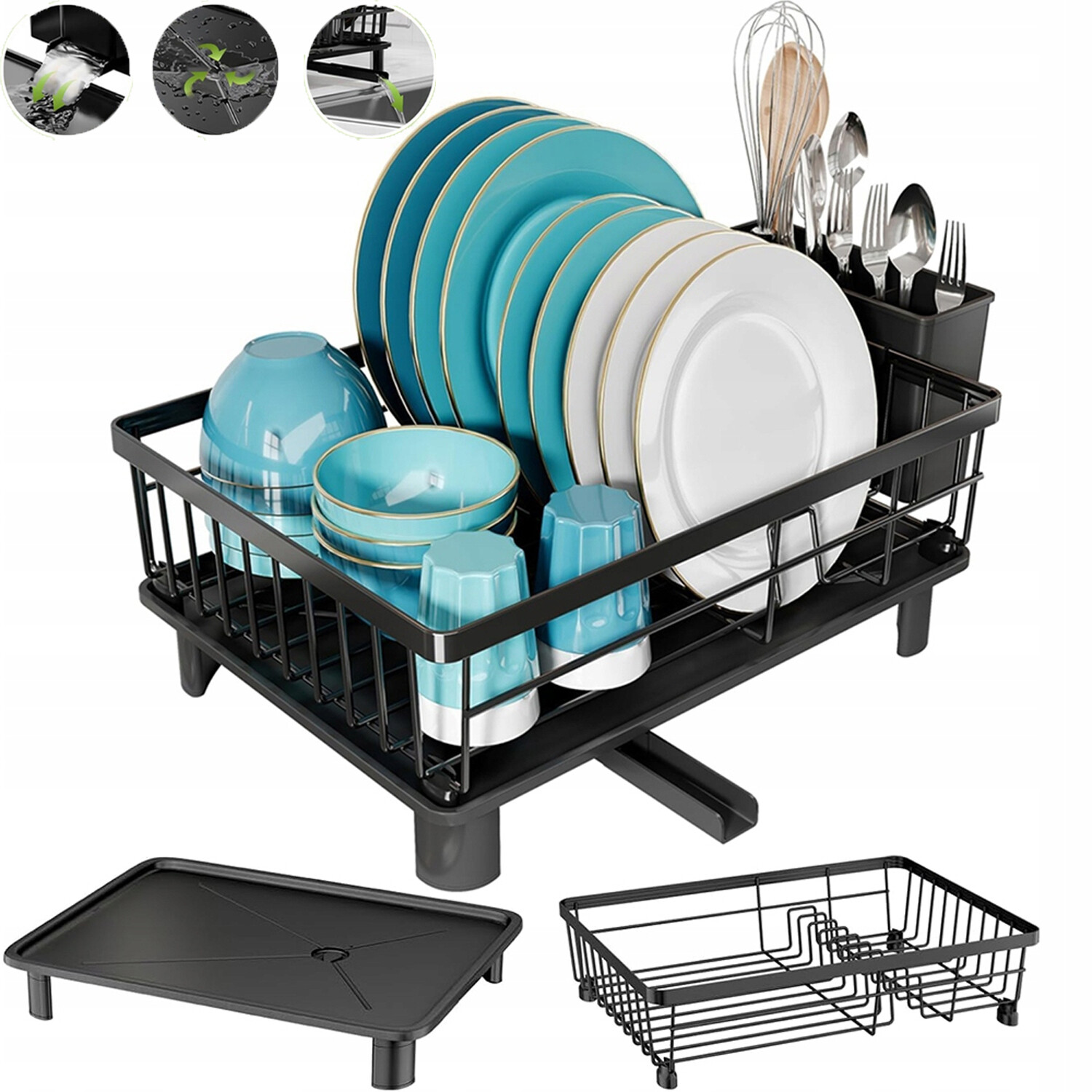 Dvouúrovňová odkapávač na nádobí s otočným odtokem – rychlé sušení