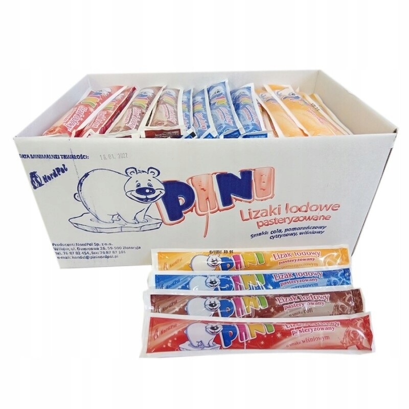 lízátka Ledové Pini 120 ks ovocné a kolové. Vodní zmrzlina