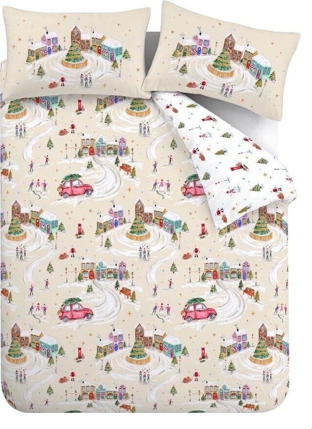Bílé/béžové povlečení na dvoulůžko/prodloužené 230x220 cm Christmas Town – Catherine Lansfield