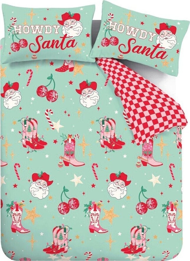 Zelené/růžové povlečení na dvoulůžko/prodloužené 230x220 cm Santa's Howdy Christmas – Catherine Lansfield
