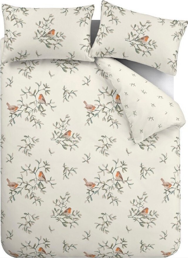 Krémové flanelové povlečení na dvoulůžko/prodloužené 230x220 cm Mistletoe Robins – Catherine Lansfield