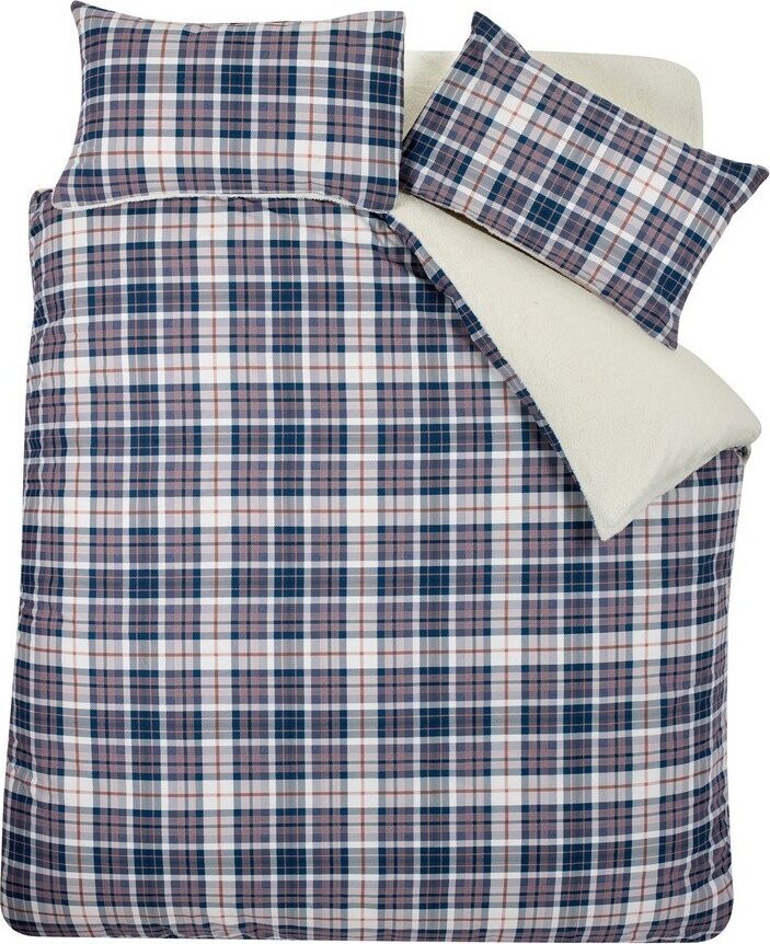 Modré/béžové povlečení na dvoulůžko/prodloužené s beránkem 230x220 cm Cosy Sherpa Check – Catherine Lansfield
