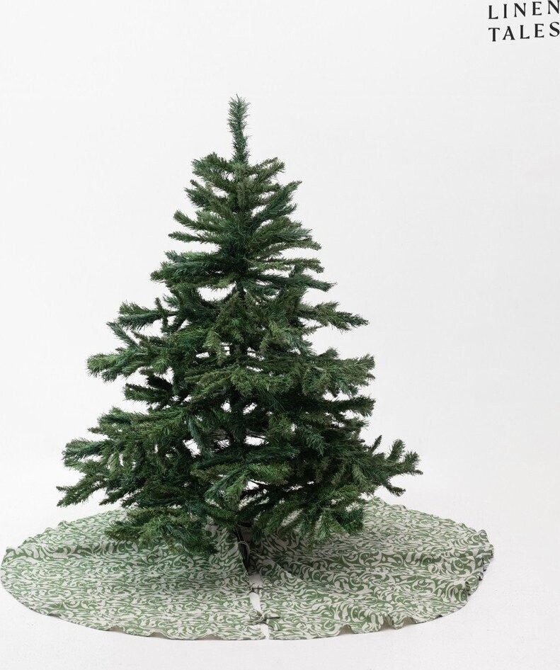 Zelený lněný kulatý koberec pod stromeček ø 125 cm Evergreen Damask – Linen Tales