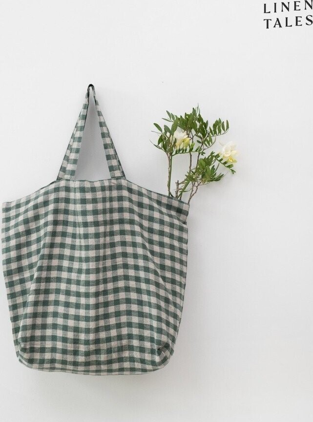 Lněná nákupní taška Forest Green Gingham – Linen Tales