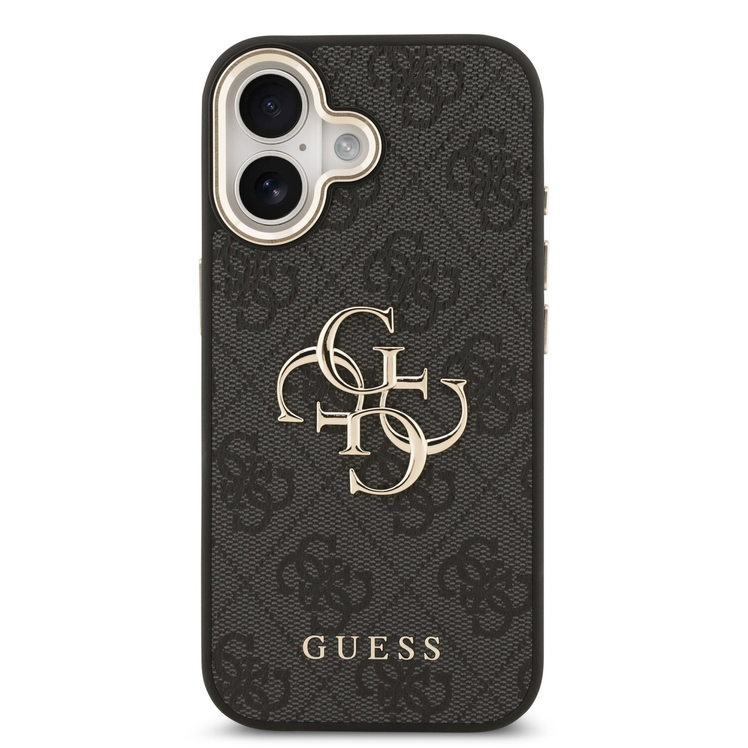 Zadní kryt Guess PU Leather 4G Metal Logo Gold Frame pro Apple iPhone 17, černá