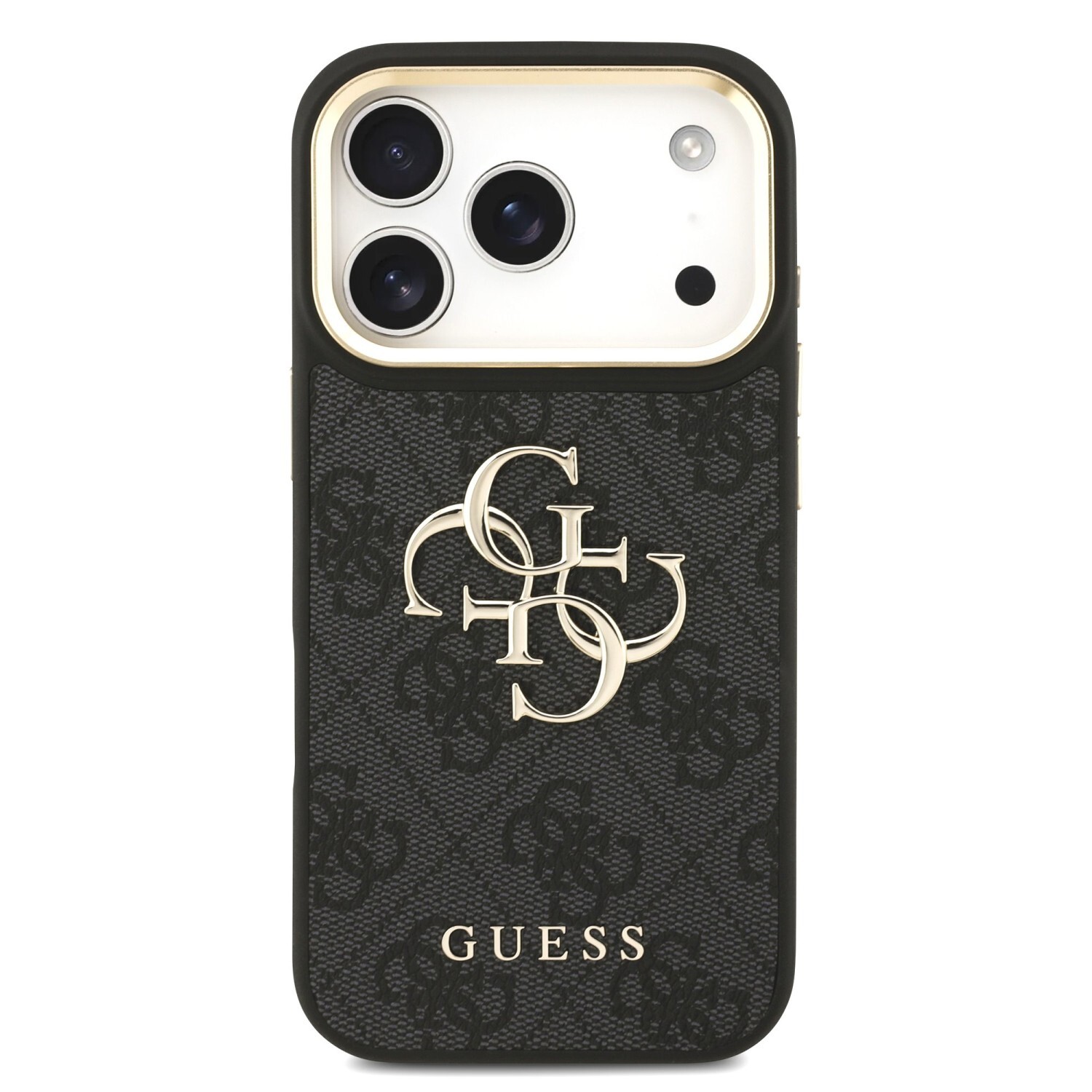 Zadní kryt Guess PU Leather 4G Metal Logo Gold Frame pro Apple iPhone 17 Pro, černá