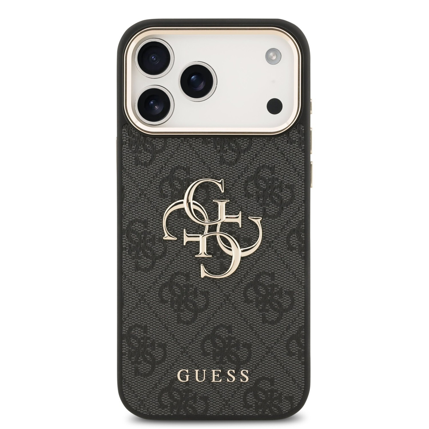 Zadní kryt Guess PU Leather 4G Metal Logo Gold Frame pro Apple iPhone 17 Pro Max, černá