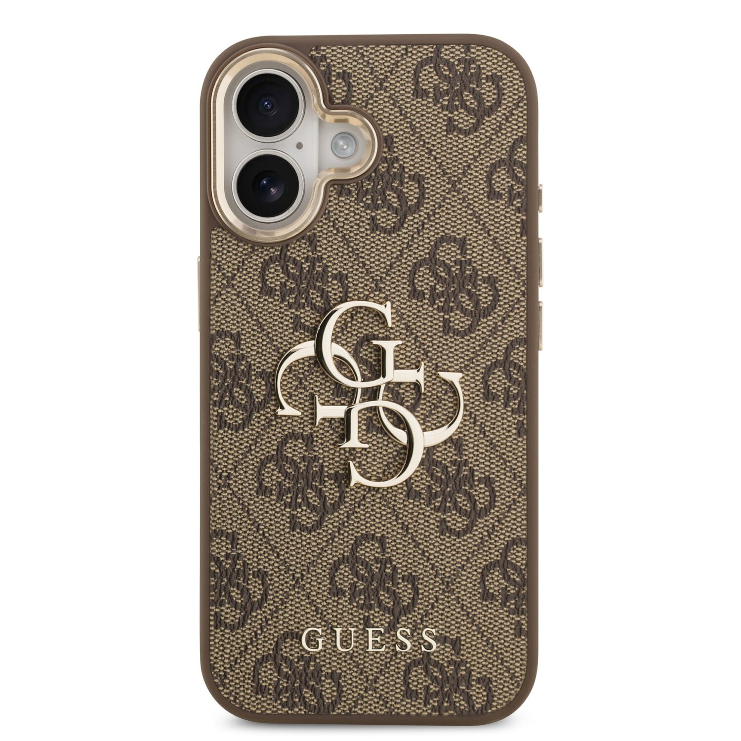 Zadní kryt Guess PU Leather 4G Metal Logo Gold Frame pro Apple iPhone 17, hnědá