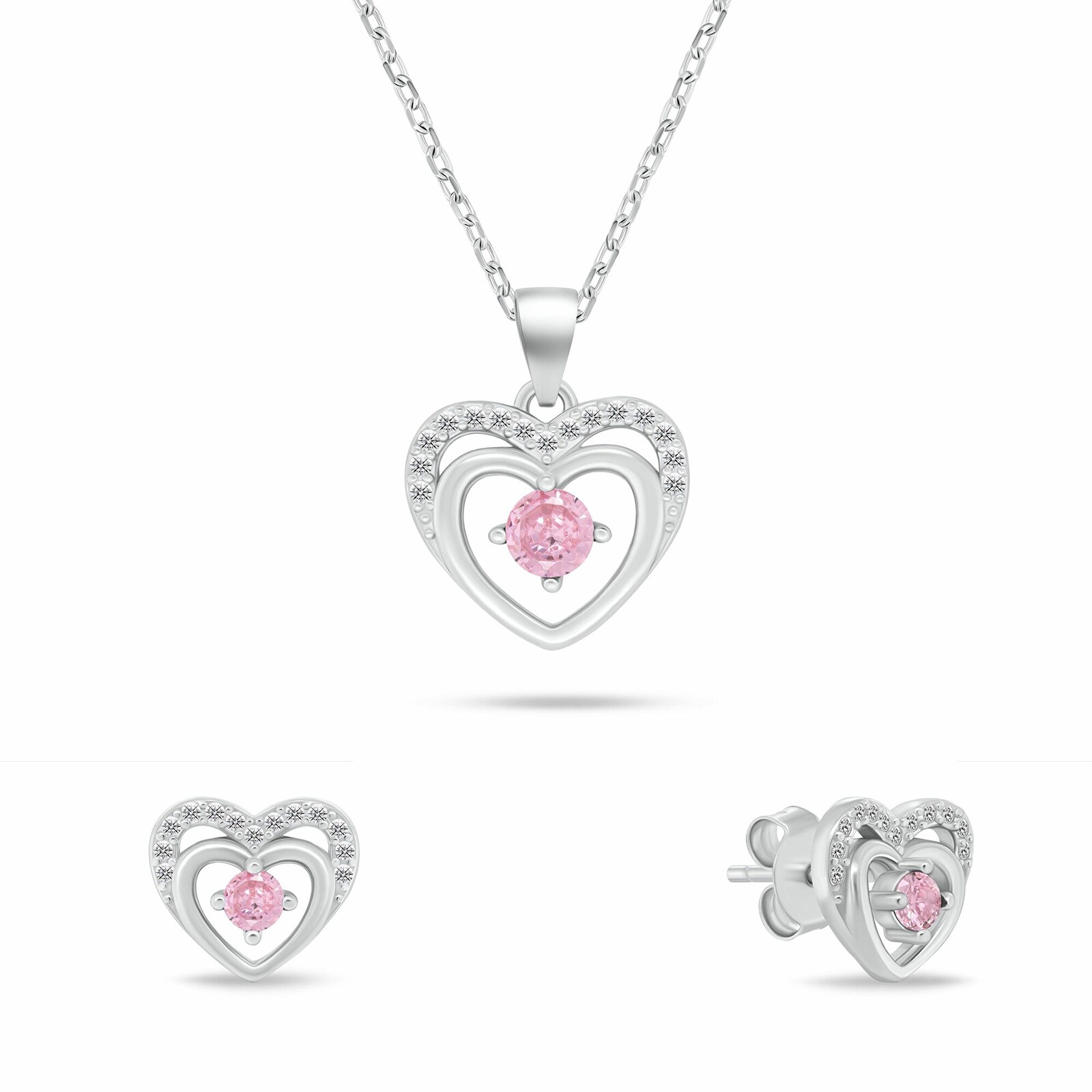 Brilio Silver Něžný set stříbrných šperků Srdíčka s růžovými zirkony SET295WP (náhrdelník, náušnice)