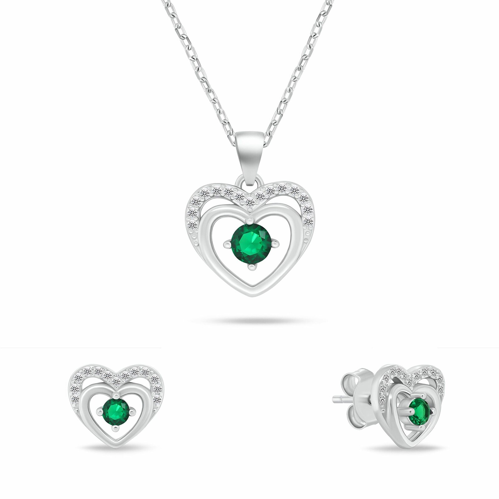 Brilio Silver Něžný set stříbrných šperků Srdíčka se zelenými zirkony SET295WG (náhrdelník, náušnice)
