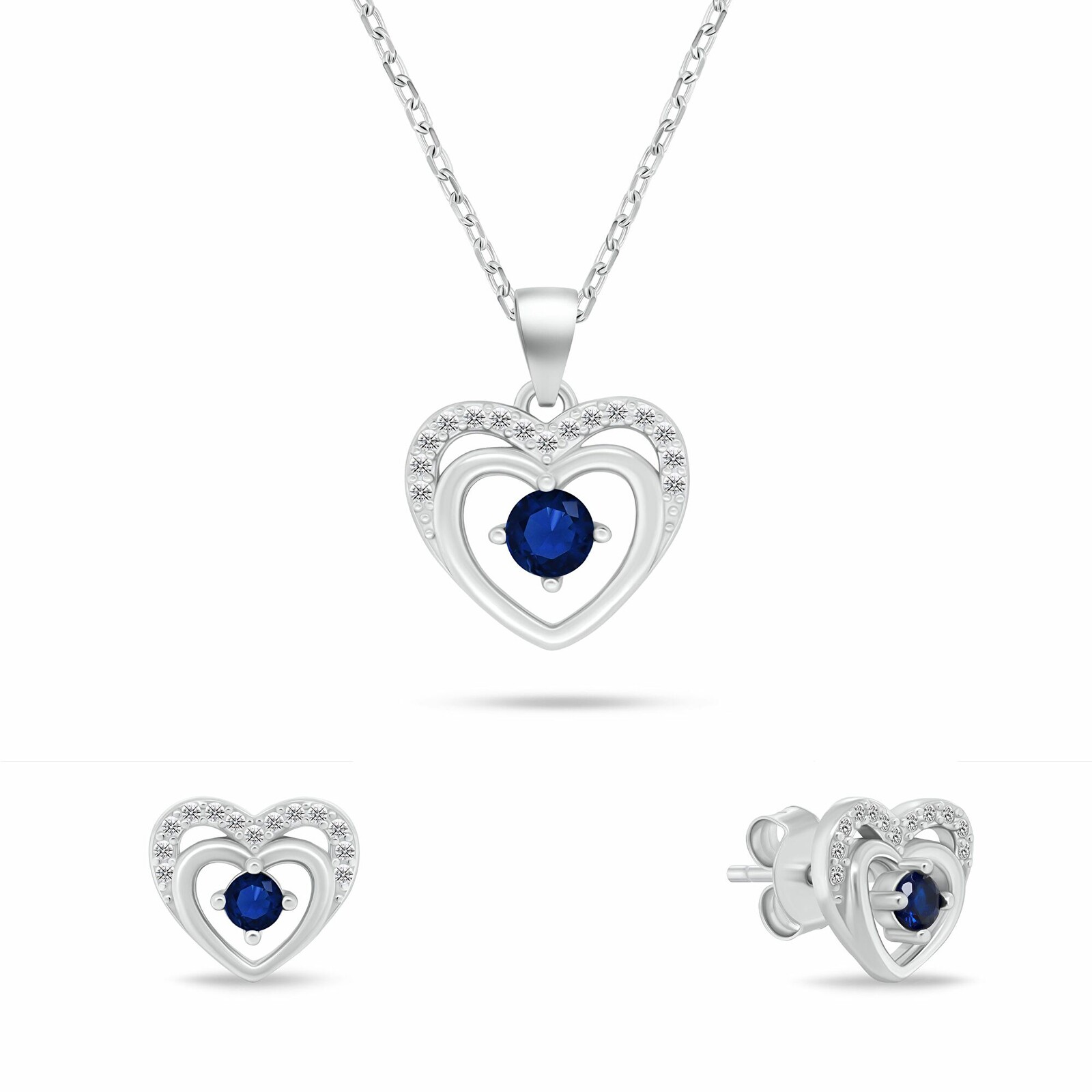 Brilio Silver Jemný set stříbrných šperků Srdíčka s modrými zirkony SET295WB (náhrdelník, náušnice)